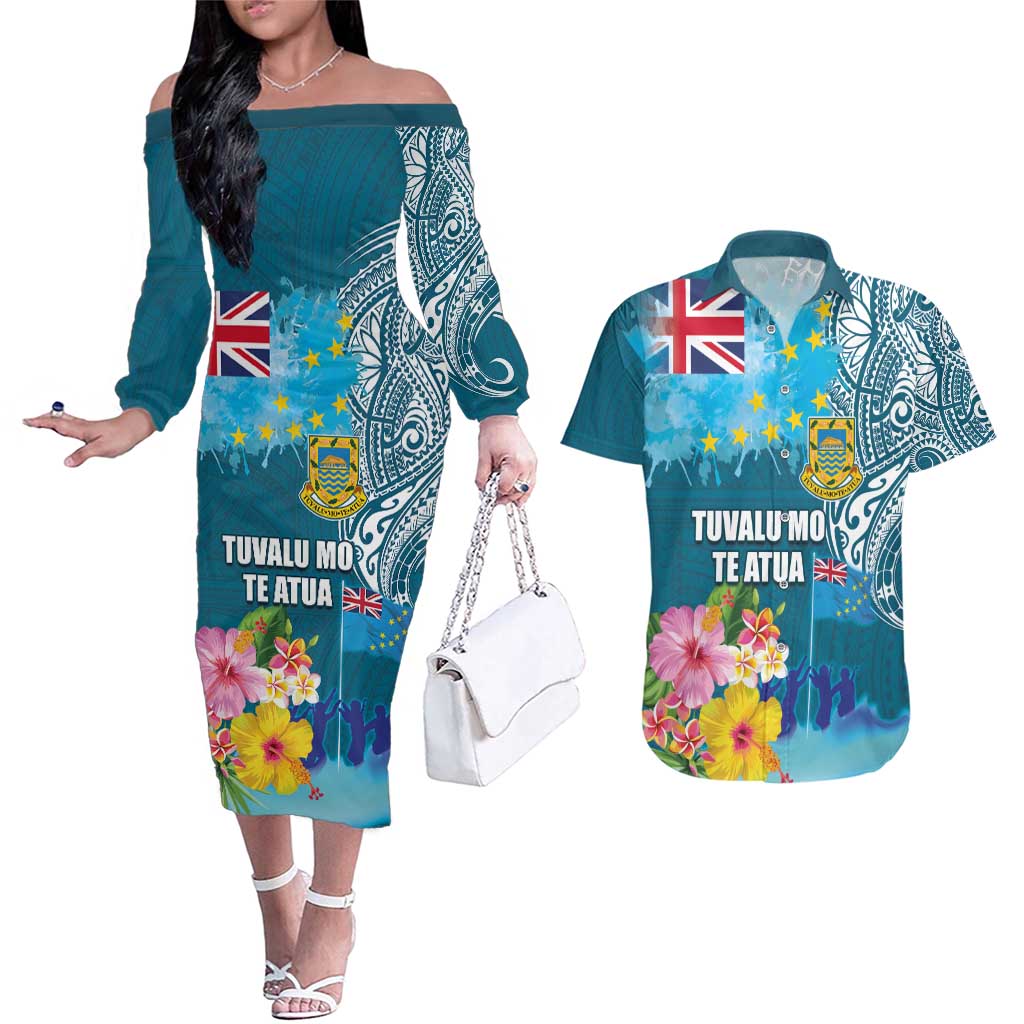 Personalised Tuvalu Independence Day Couples Matching Off The Shoulder Long Sleeve Dress and Hawaiian Shirt Tuvaluan Tribal Flag Style