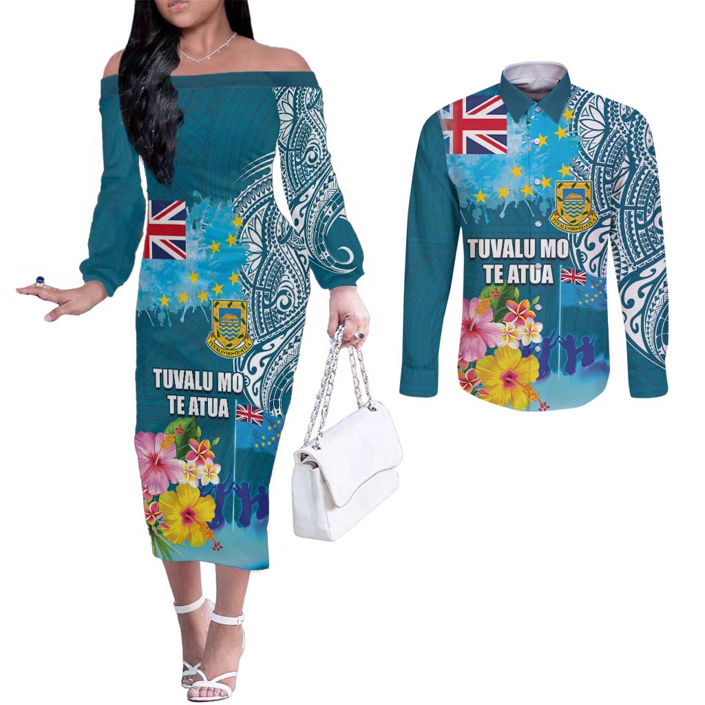 Personalised Tuvalu Independence Day Couples Matching Off The Shoulder Long Sleeve Dress and Long Sleeve Button Shirt Tuvaluan Tribal Flag Style