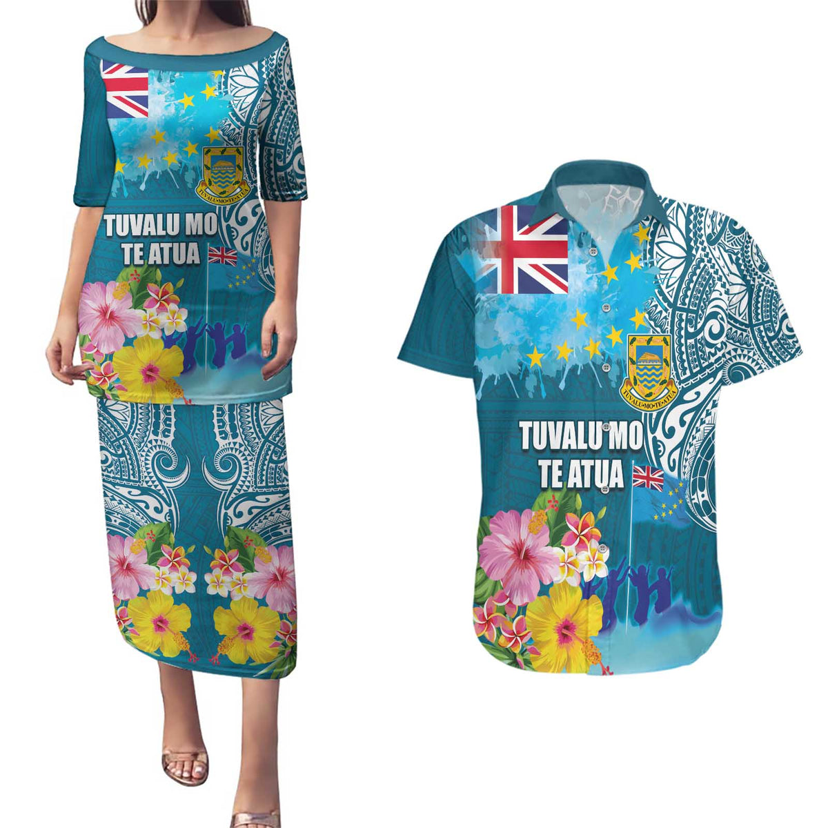 Personalised Tuvalu Independence Day Couples Matching Puletasi and Hawaiian Shirt Tuvaluan Tribal Flag Style LT03 Turquoise - Polynesian Pride