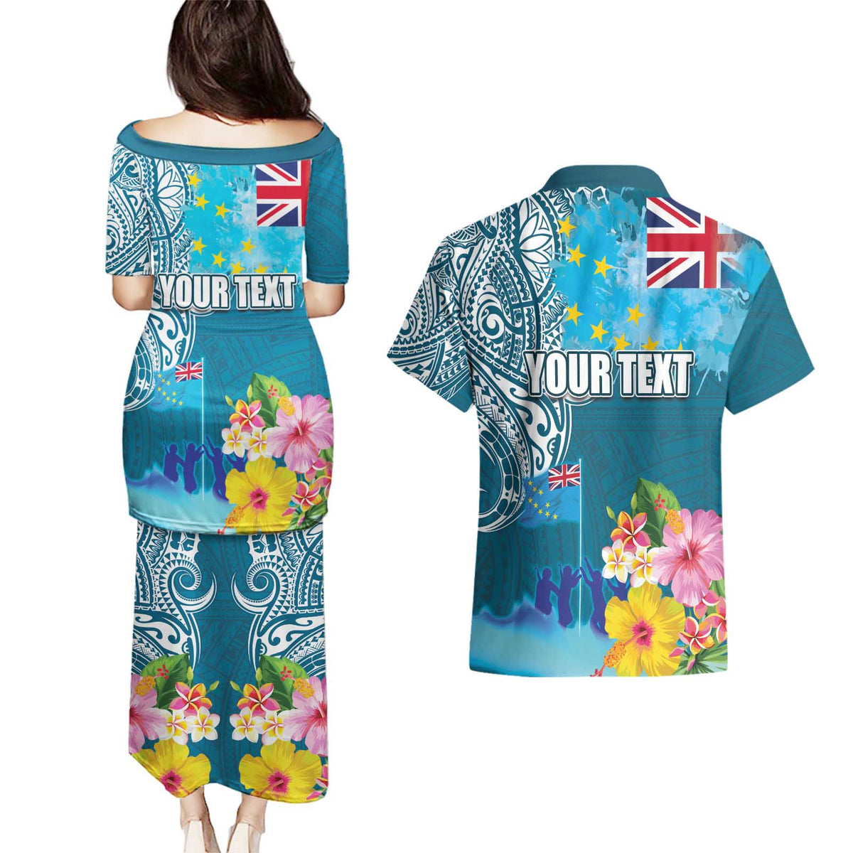 Personalised Tuvalu Independence Day Couples Matching Puletasi and Hawaiian Shirt Tuvaluan Tribal Flag Style LT03 - Polynesian Pride