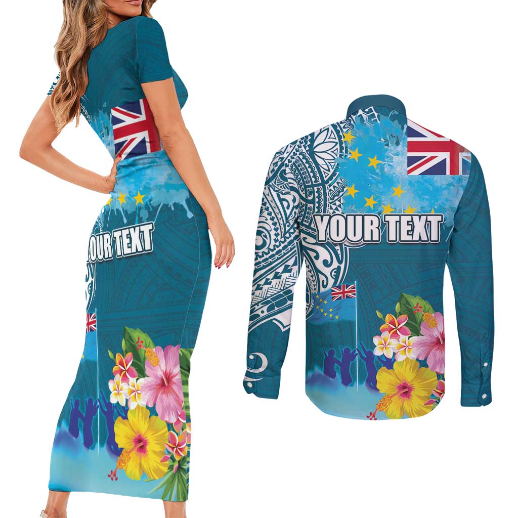 Personalised Tuvalu Independence Day Couples Matching Short Sleeve Bodycon Dress and Long Sleeve Button Shirt Tuvaluan Tribal Flag Style LT03 - Polynesian Pride