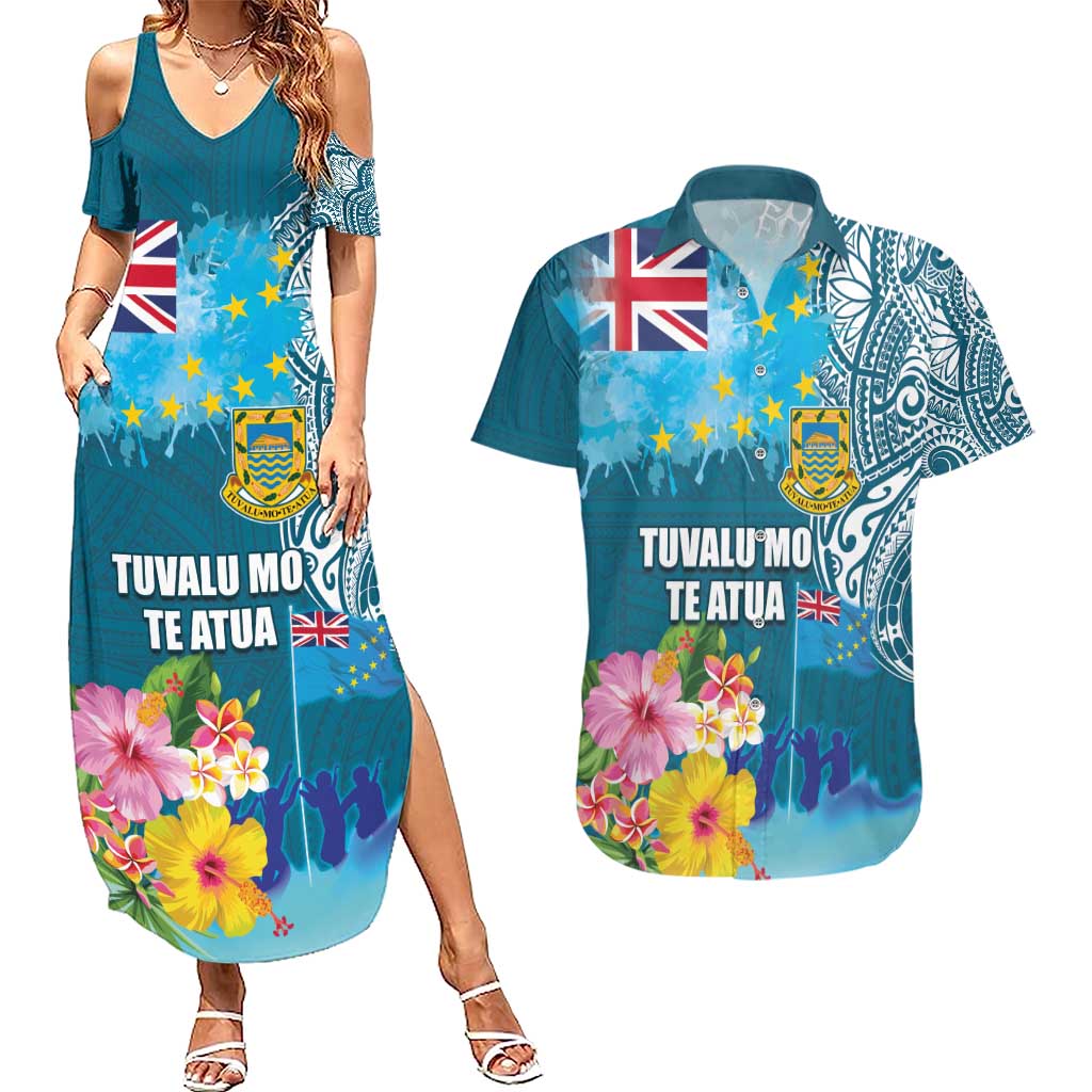 Personalised Tuvalu Independence Day Couples Matching Summer Maxi Dress and Hawaiian Shirt Tuvaluan Tribal Flag Style LT03 Turquoise - Polynesian Pride