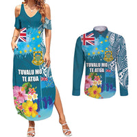 Personalised Tuvalu Independence Day Couples Matching Summer Maxi Dress and Long Sleeve Button Shirt Tuvaluan Tribal Flag Style LT03 Turquoise - Polynesian Pride