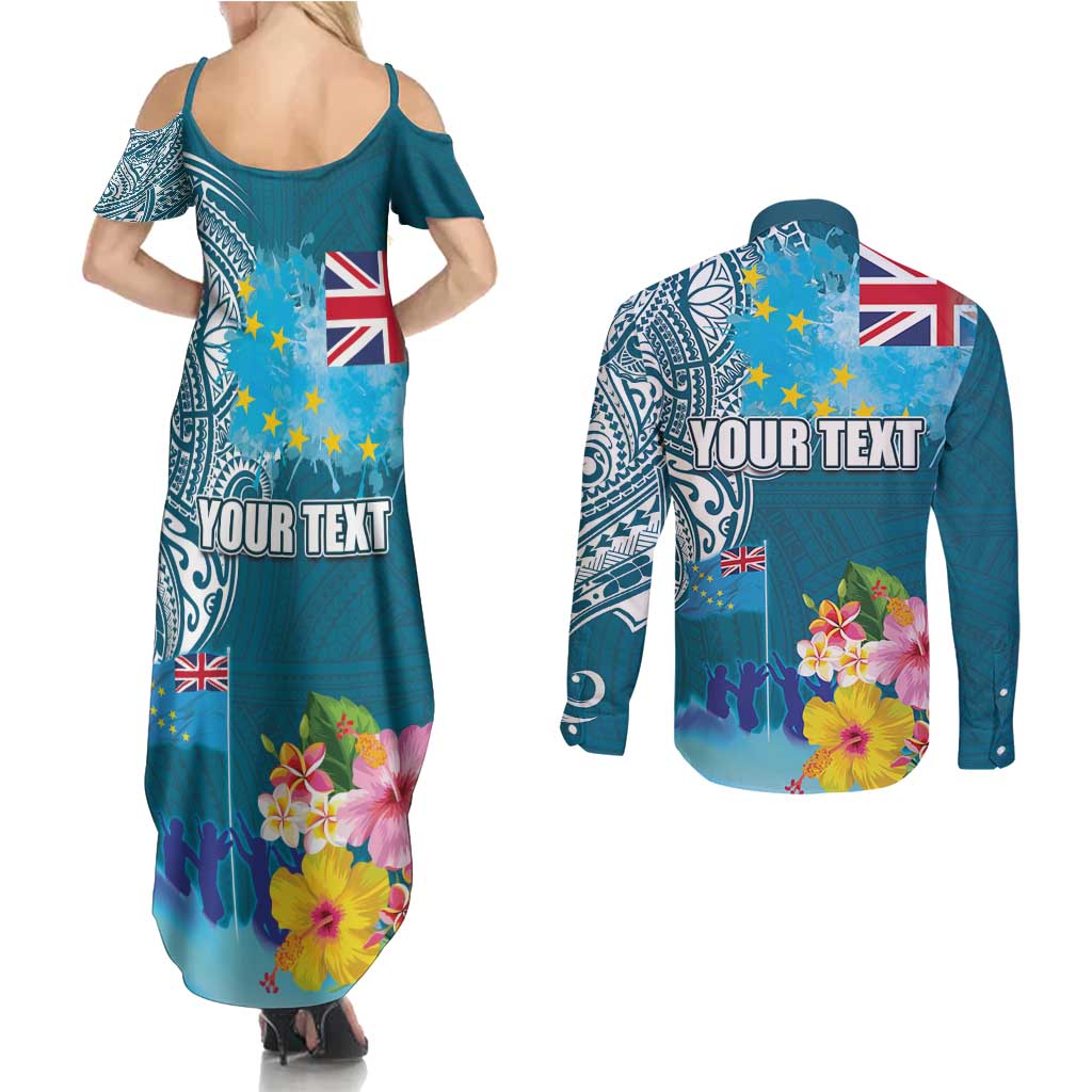 Personalised Tuvalu Independence Day Couples Matching Summer Maxi Dress and Long Sleeve Button Shirt Tuvaluan Tribal Flag Style LT03 - Polynesian Pride