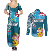 Personalised Tuvalu Independence Day Couples Matching Summer Maxi Dress and Long Sleeve Button Shirt Tuvaluan Tribal Flag Style LT03 - Polynesian Pride