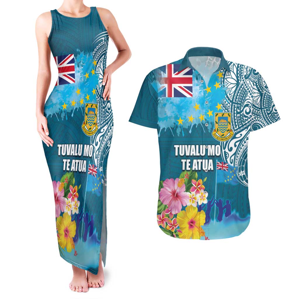 Personalised Tuvalu Independence Day Couples Matching Tank Maxi Dress and Hawaiian Shirt Tuvaluan Tribal Flag Style LT03 Turquoise - Polynesian Pride