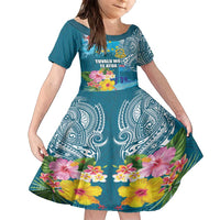 Personalised Tuvalu Independence Day Family Matching Long Sleeve Bodycon Dress and Hawaiian Shirt Tuvaluan Tribal Flag Style LT03 Daughter's Dress Turquoise - Polynesian Pride