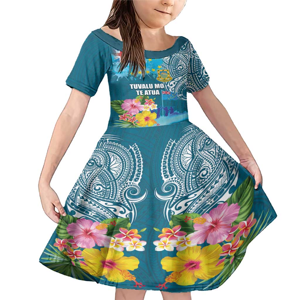 Personalised Tuvalu Independence Day Family Matching Mermaid Dress and Hawaiian Shirt Tuvaluan Tribal Flag Style LT03 Daughter's Dress Turquoise - Polynesian Pride