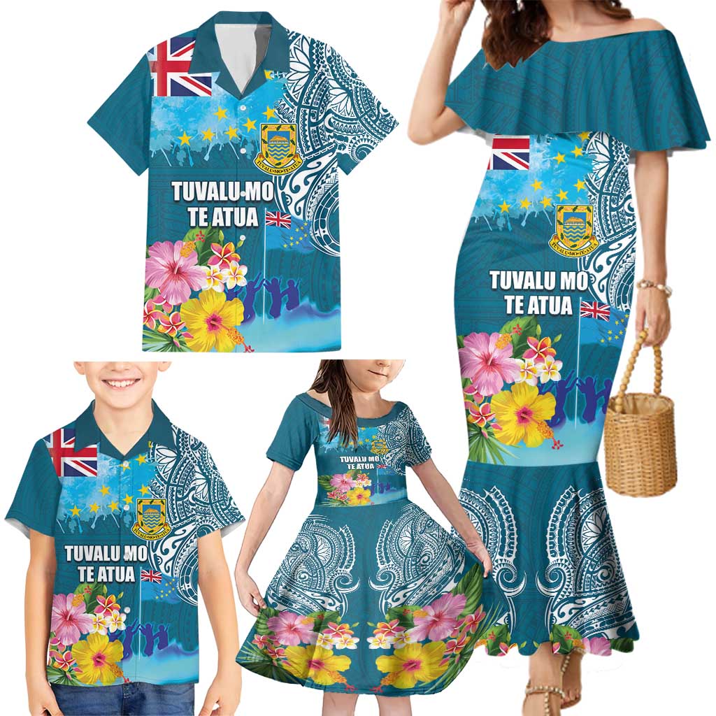 Personalised Tuvalu Independence Day Family Matching Mermaid Dress and Hawaiian Shirt Tuvaluan Tribal Flag Style LT03 - Polynesian Pride