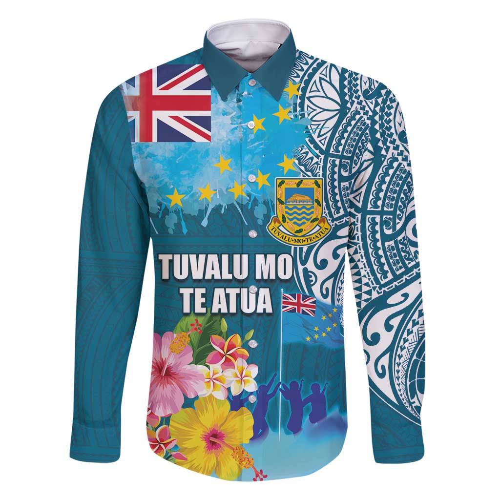 Personalised Tuvalu Independence Day Family Matching Mermaid Dress and Hawaiian Shirt Tuvaluan Tribal Flag Style LT03 Dad's Shirt - Long Sleeve Turquoise - Polynesian Pride