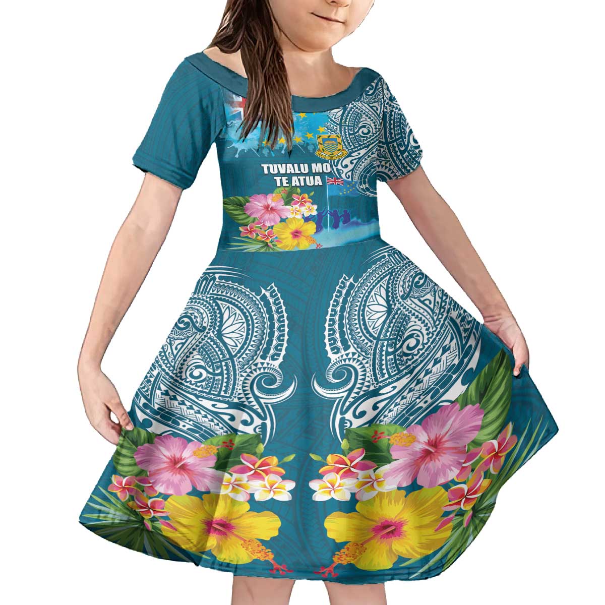 Personalised Tuvalu Independence Day Family Matching Off The Shoulder Long Sleeve Dress and Hawaiian Shirt Tuvaluan Tribal Flag Style LT03 Daughter's Dress Turquoise - Polynesian Pride