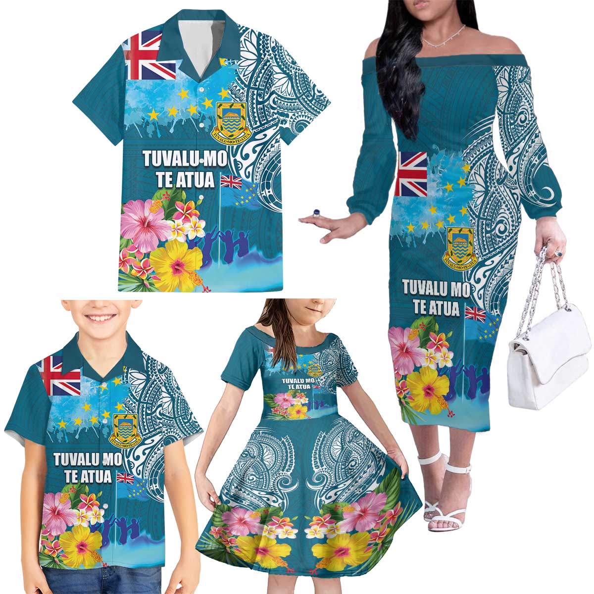 Personalised Tuvalu Independence Day Family Matching Off The Shoulder Long Sleeve Dress and Hawaiian Shirt Tuvaluan Tribal Flag Style LT03 - Polynesian Pride
