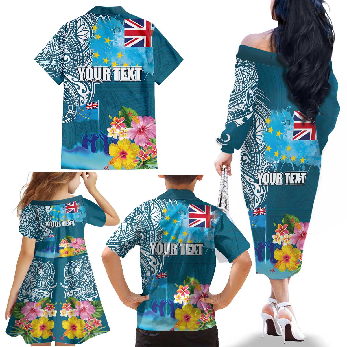 Personalised Tuvalu Independence Day Family Matching Off The Shoulder Long Sleeve Dress and Hawaiian Shirt Tuvaluan Tribal Flag Style LT03 - Polynesian Pride