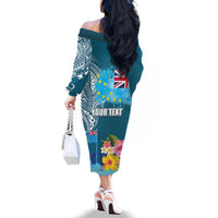 Personalised Tuvalu Independence Day Family Matching Off The Shoulder Long Sleeve Dress and Hawaiian Shirt Tuvaluan Tribal Flag Style LT03 - Polynesian Pride