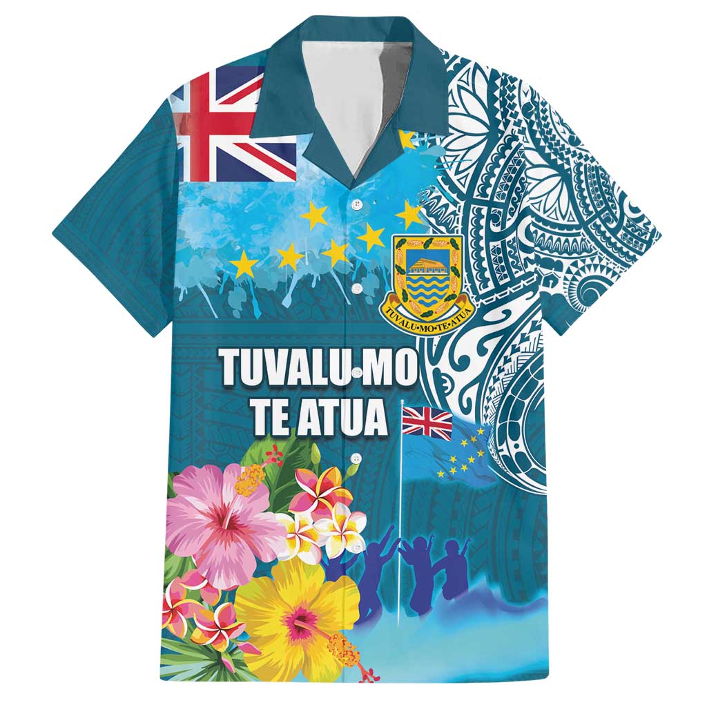 Personalised Tuvalu Independence Day Family Matching Short Sleeve Bodycon Dress and Hawaiian Shirt Tuvaluan Tribal Flag Style LT03 Dad's Shirt - Short Sleeve Turquoise - Polynesian Pride