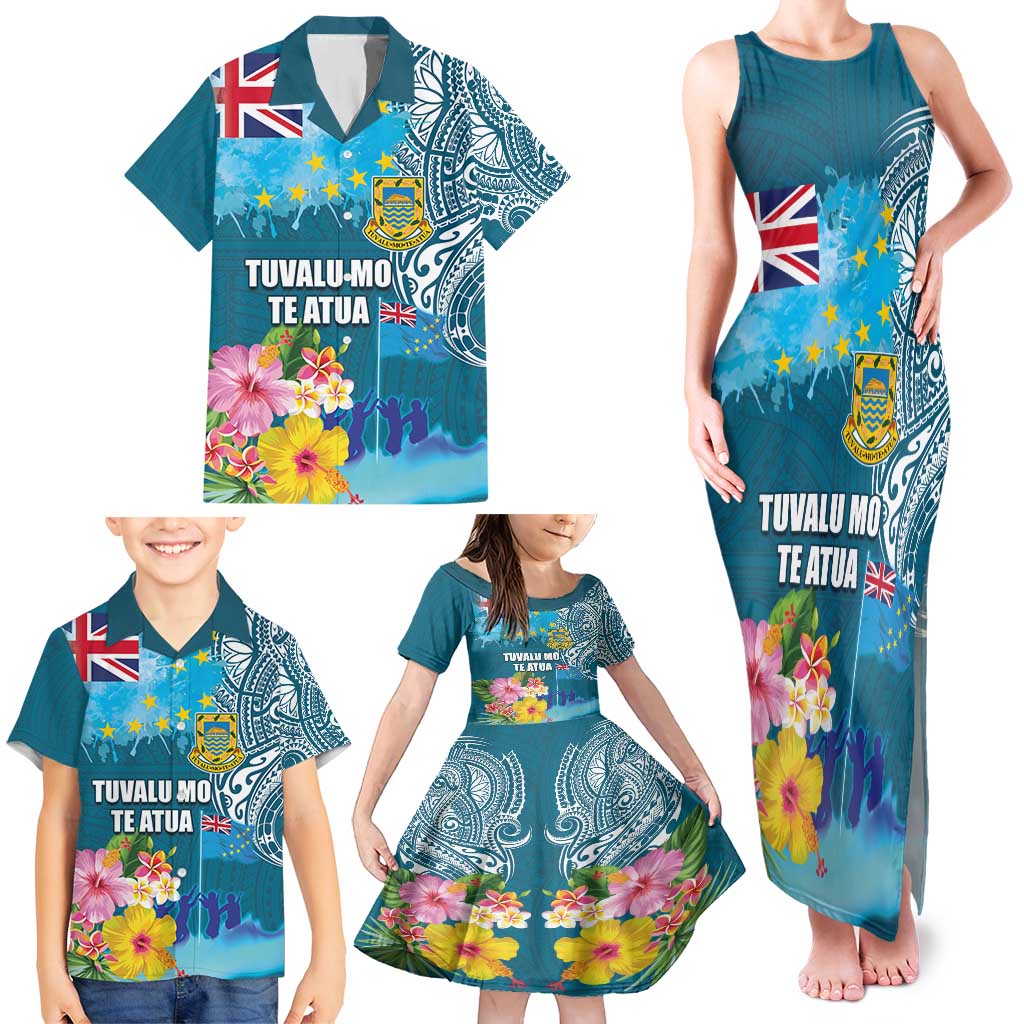 Personalised Tuvalu Independence Day Family Matching Tank Maxi Dress and Hawaiian Shirt Tuvaluan Tribal Flag Style