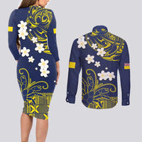 Niue Independence Day Couples Matching Long Sleeve Bodycon Dress and Long Sleeve Button Shirt Hiapo Pattern Fiti Pua and Uga LT03 - Polynesian Pride