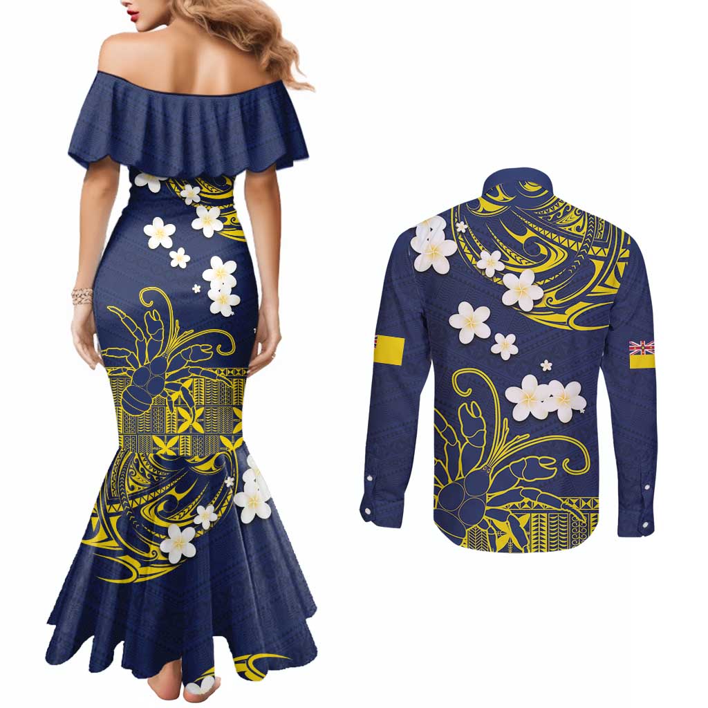 Niue Independence Day Couples Matching Mermaid Dress and Long Sleeve Button Shirt Hiapo Pattern Fiti Pua and Uga LT03 - Polynesian Pride
