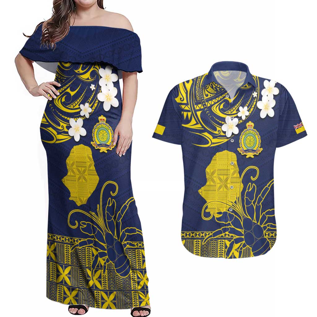 Niue Independence Day Couples Matching Off Shoulder Maxi Dress and Hawaiian Shirt Hiapo Pattern Fiti Pua and Uga LT03 Yellow - Polynesian Pride