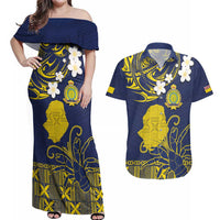 Niue Independence Day Couples Matching Off Shoulder Maxi Dress and Hawaiian Shirt Hiapo Pattern Fiti Pua and Uga LT03 Yellow - Polynesian Pride