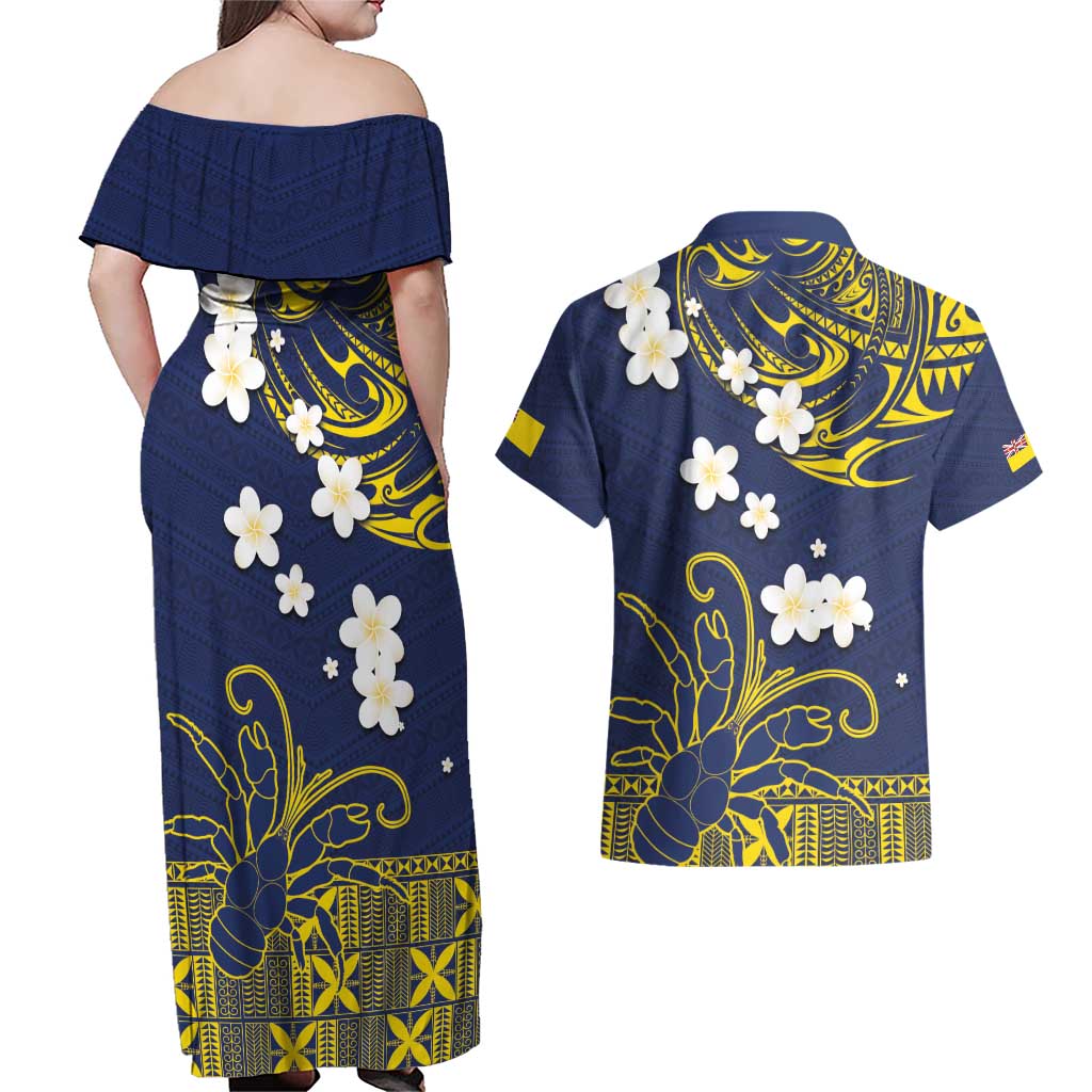 Niue Independence Day Couples Matching Off Shoulder Maxi Dress and Hawaiian Shirt Hiapo Pattern Fiti Pua and Uga LT03 - Polynesian Pride