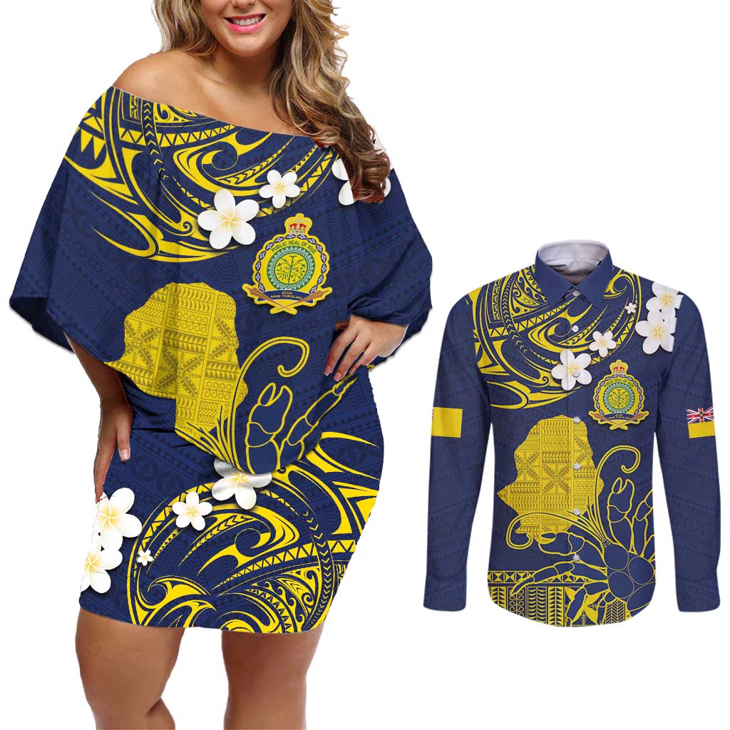 Niue Independence Day Couples Matching Off Shoulder Short Dress and Long Sleeve Button Shirt Hiapo Pattern Fiti Pua and Uga LT03 Yellow - Polynesian Pride