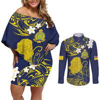 Niue Independence Day Couples Matching Off Shoulder Short Dress and Long Sleeve Button Shirt Hiapo Pattern Fiti Pua and Uga LT03 Yellow - Polynesian Pride