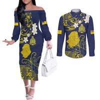 Niue Independence Day Couples Matching Off The Shoulder Long Sleeve Dress and Long Sleeve Button Shirt Hiapo Pattern Fiti Pua and Uga LT03 Yellow - Polynesian Pride
