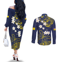 Niue Independence Day Couples Matching Off The Shoulder Long Sleeve Dress and Long Sleeve Button Shirt Hiapo Pattern Fiti Pua and Uga LT03 - Polynesian Pride