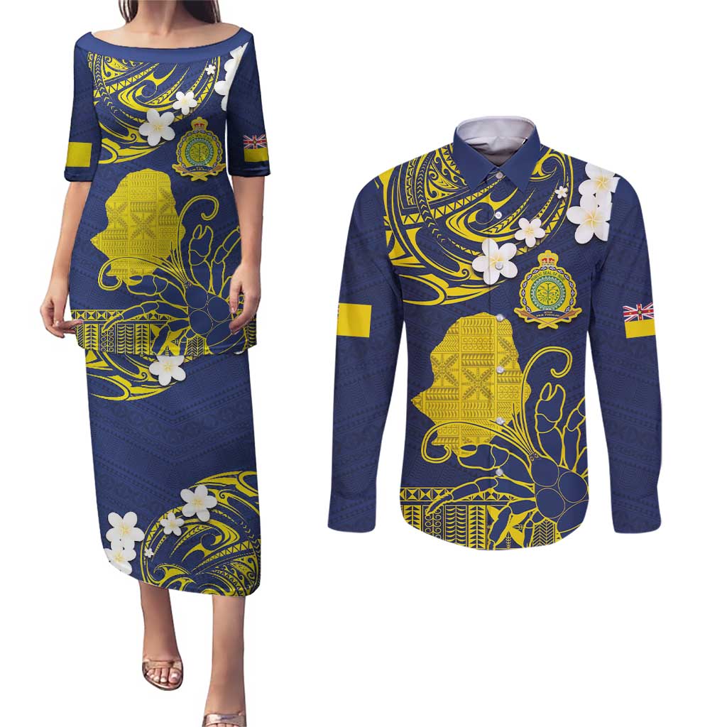 Niue Independence Day Couples Matching Puletasi and Long Sleeve Button Shirt Hiapo Pattern Fiti Pua and Uga LT03 Yellow - Polynesian Pride