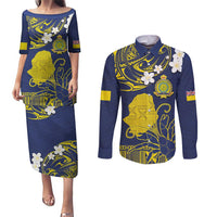 Niue Independence Day Couples Matching Puletasi and Long Sleeve Button Shirt Hiapo Pattern Fiti Pua and Uga LT03 Yellow - Polynesian Pride