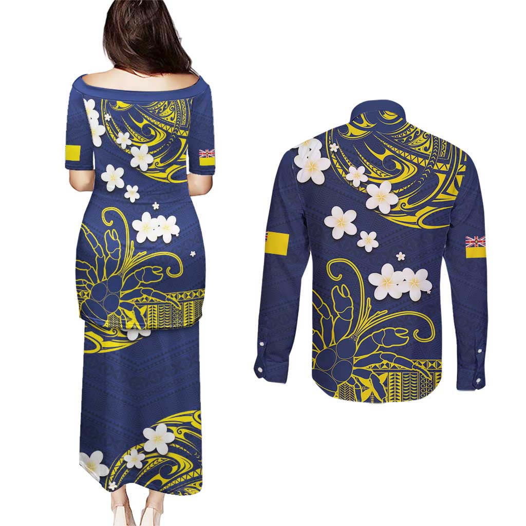 Niue Independence Day Couples Matching Puletasi and Long Sleeve Button Shirt Hiapo Pattern Fiti Pua and Uga LT03 - Polynesian Pride