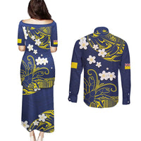Niue Independence Day Couples Matching Puletasi and Long Sleeve Button Shirt Hiapo Pattern Fiti Pua and Uga LT03 - Polynesian Pride
