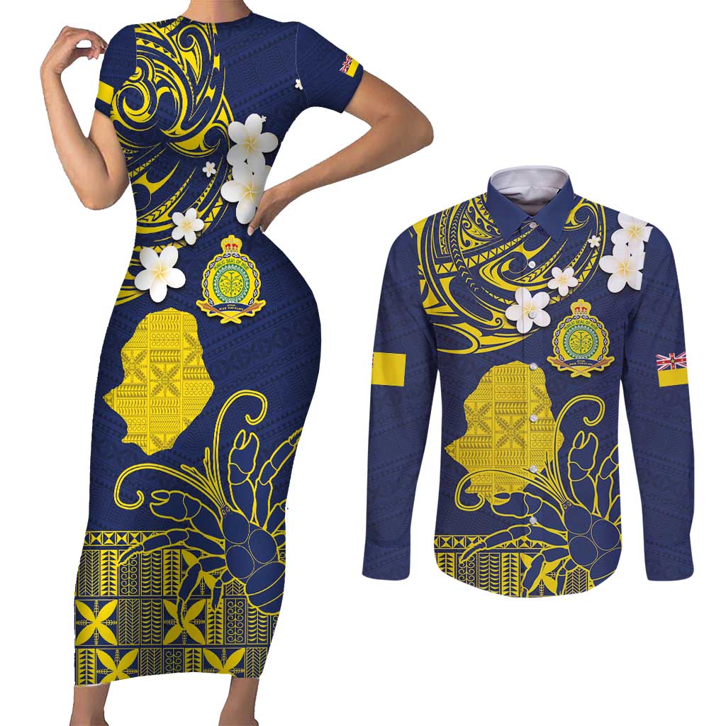 Niue Independence Day Couples Matching Short Sleeve Bodycon Dress and Long Sleeve Button Shirt Hiapo Pattern Fiti Pua and Uga LT03 Yellow - Polynesian Pride