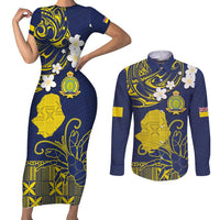 Niue Independence Day Couples Matching Short Sleeve Bodycon Dress and Long Sleeve Button Shirt Hiapo Pattern Fiti Pua and Uga LT03 Yellow - Polynesian Pride
