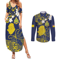 Niue Independence Day Couples Matching Summer Maxi Dress and Long Sleeve Button Shirt Hiapo Pattern Fiti Pua and Uga LT03 Yellow - Polynesian Pride