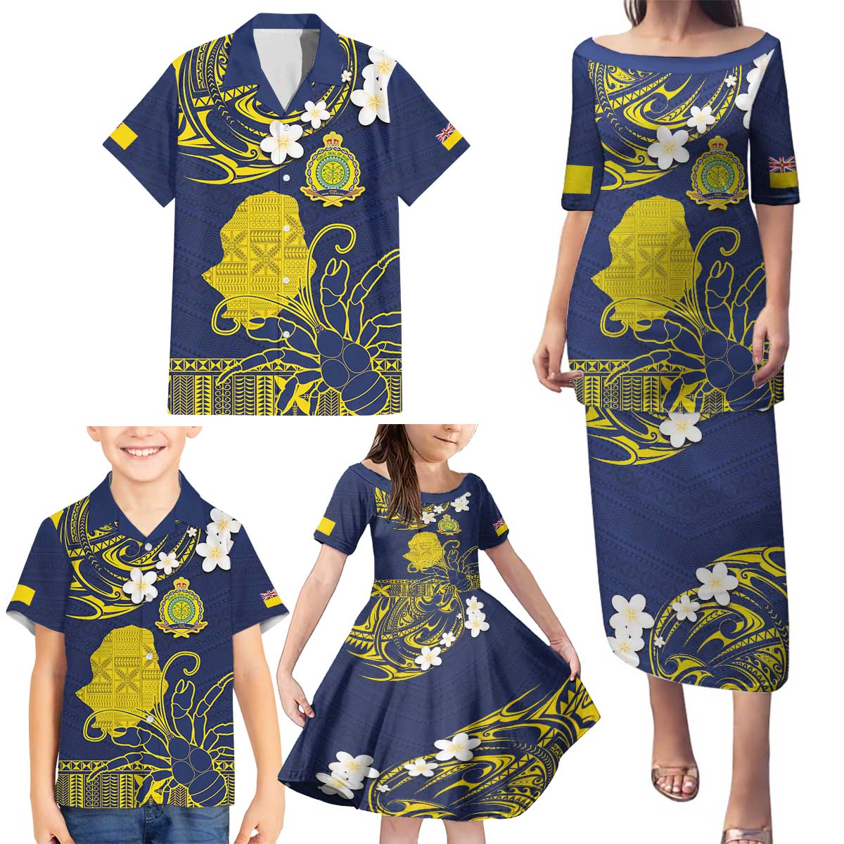 Niue Independence Day Family Matching Puletasi and Hawaiian Shirt Hiapo Pattern Fiti Pua and Uga