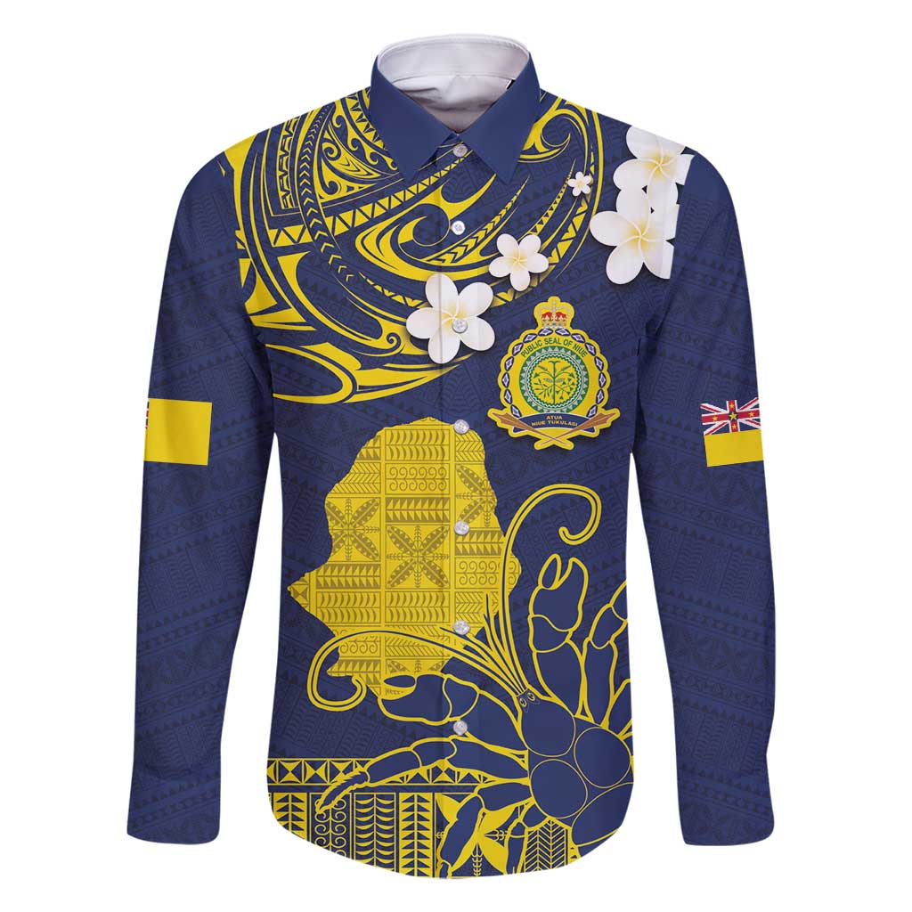 Niue Independence Day Family Matching Tank Maxi Dress and Hawaiian Shirt Hiapo Pattern Fiti Pua and Uga LT03 Dad's Shirt - Long Sleeve Yellow - Polynesian Pride