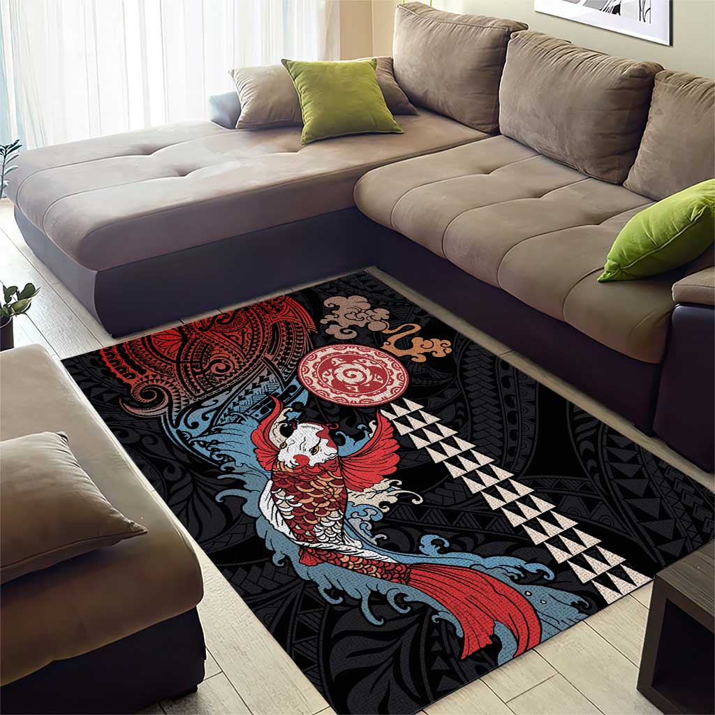 Hawaii and Japanese Together Area Rug Koi Fish and Kakau Pattern