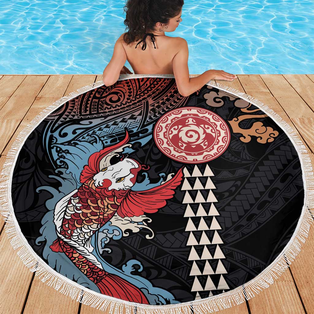 Hawaii and Japanese Together Beach Blanket Koi Fish and Kakau Pattern