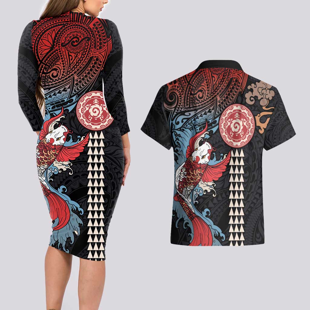 Hawaii and Japanese Together Couples Matching Long Sleeve Bodycon Dress and Hawaiian Shirt Koi Fish and Kakau Pattern LT03 - Polynesian Pride