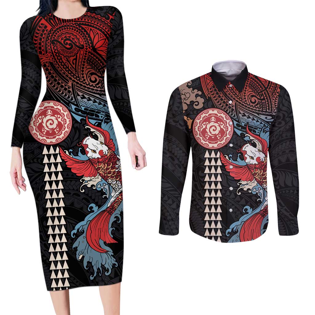 Hawaii and Japanese Together Couples Matching Long Sleeve Bodycon Dress and Long Sleeve Button Shirt Koi Fish and Kakau Pattern LT03 Black - Polynesian Pride
