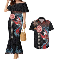 Hawaii and Japanese Together Couples Matching Mermaid Dress and Hawaiian Shirt Koi Fish and Kakau Pattern LT03 Black - Polynesian Pride