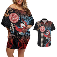 Hawaii and Japanese Together Couples Matching Off Shoulder Short Dress and Hawaiian Shirt Koi Fish and Kakau Pattern LT03 Black - Polynesian Pride