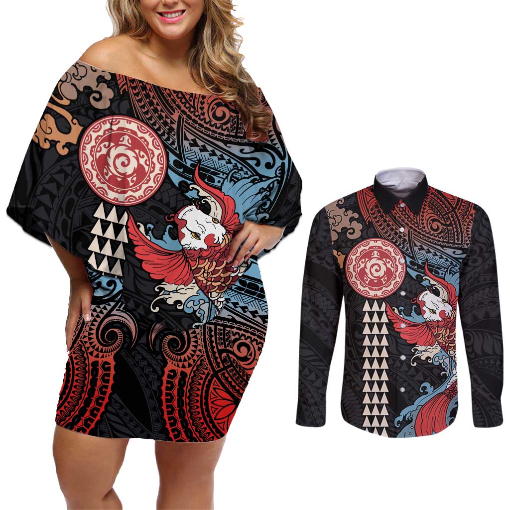 Hawaii and Japanese Together Couples Matching Off Shoulder Short Dress and Long Sleeve Button Shirt Koi Fish and Kakau Pattern