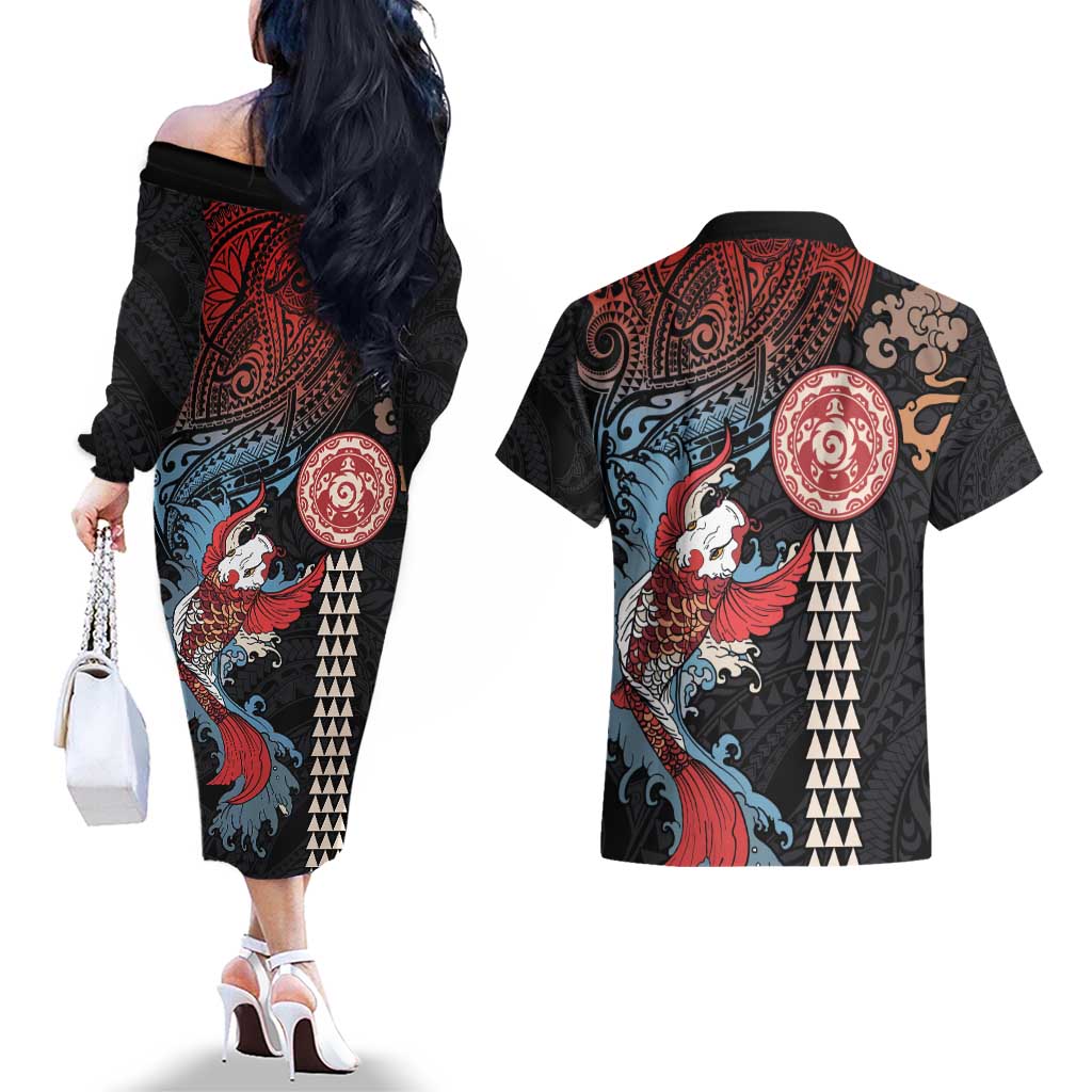 Hawaii and Japanese Together Couples Matching Off The Shoulder Long Sleeve Dress and Hawaiian Shirt Koi Fish and Kakau Pattern LT03 - Polynesian Pride