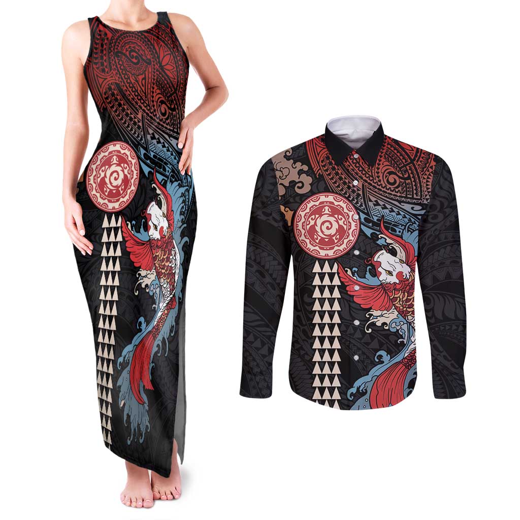 Hawaii and Japanese Together Couples Matching Tank Maxi Dress and Long Sleeve Button Shirt Koi Fish and Kakau Pattern LT03 Black - Polynesian Pride