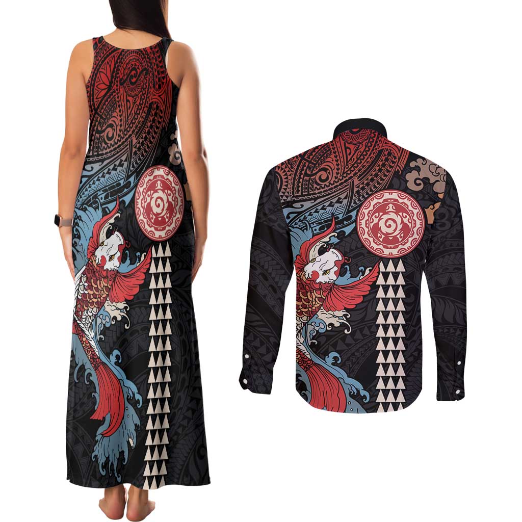 Hawaii and Japanese Together Couples Matching Tank Maxi Dress and Long Sleeve Button Shirt Koi Fish and Kakau Pattern LT03 - Polynesian Pride