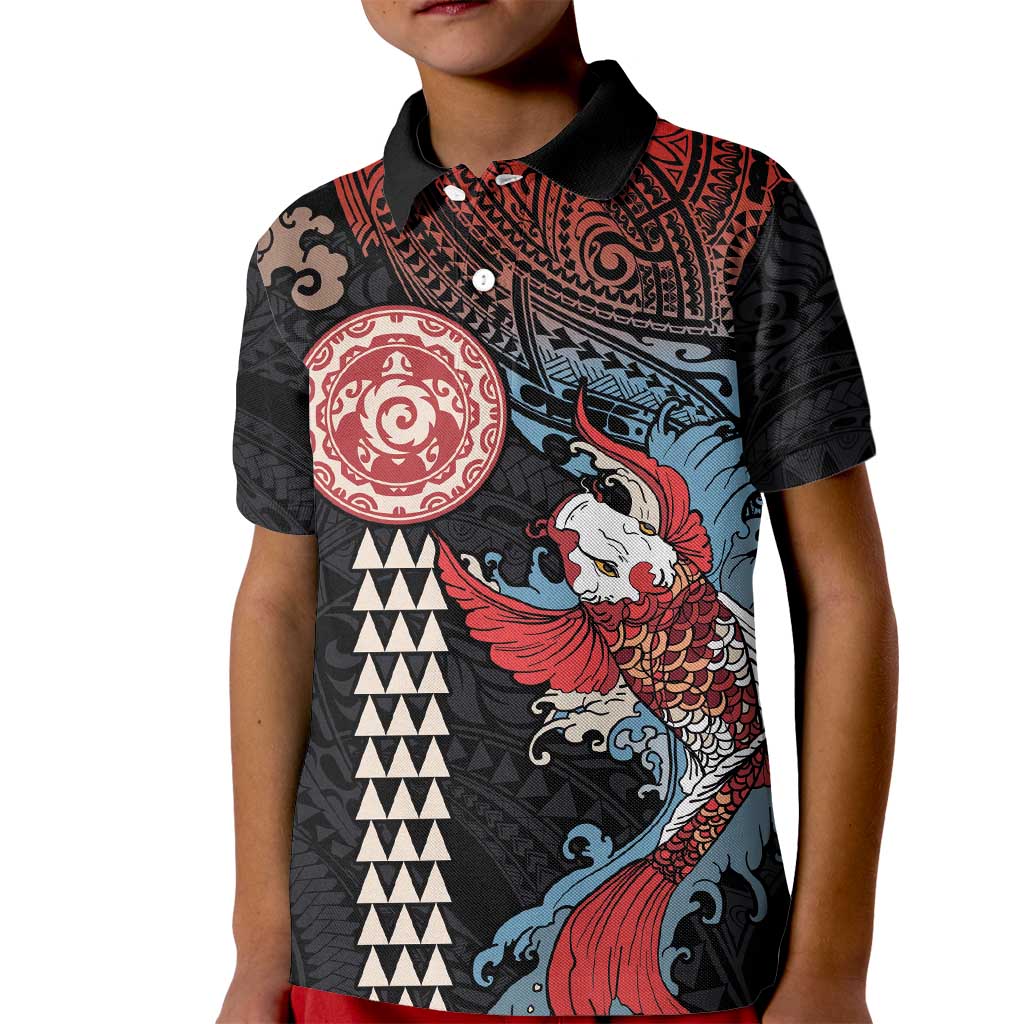 Hawaii and Japanese Together Kid Polo Shirt Koi Fish and Kakau Pattern