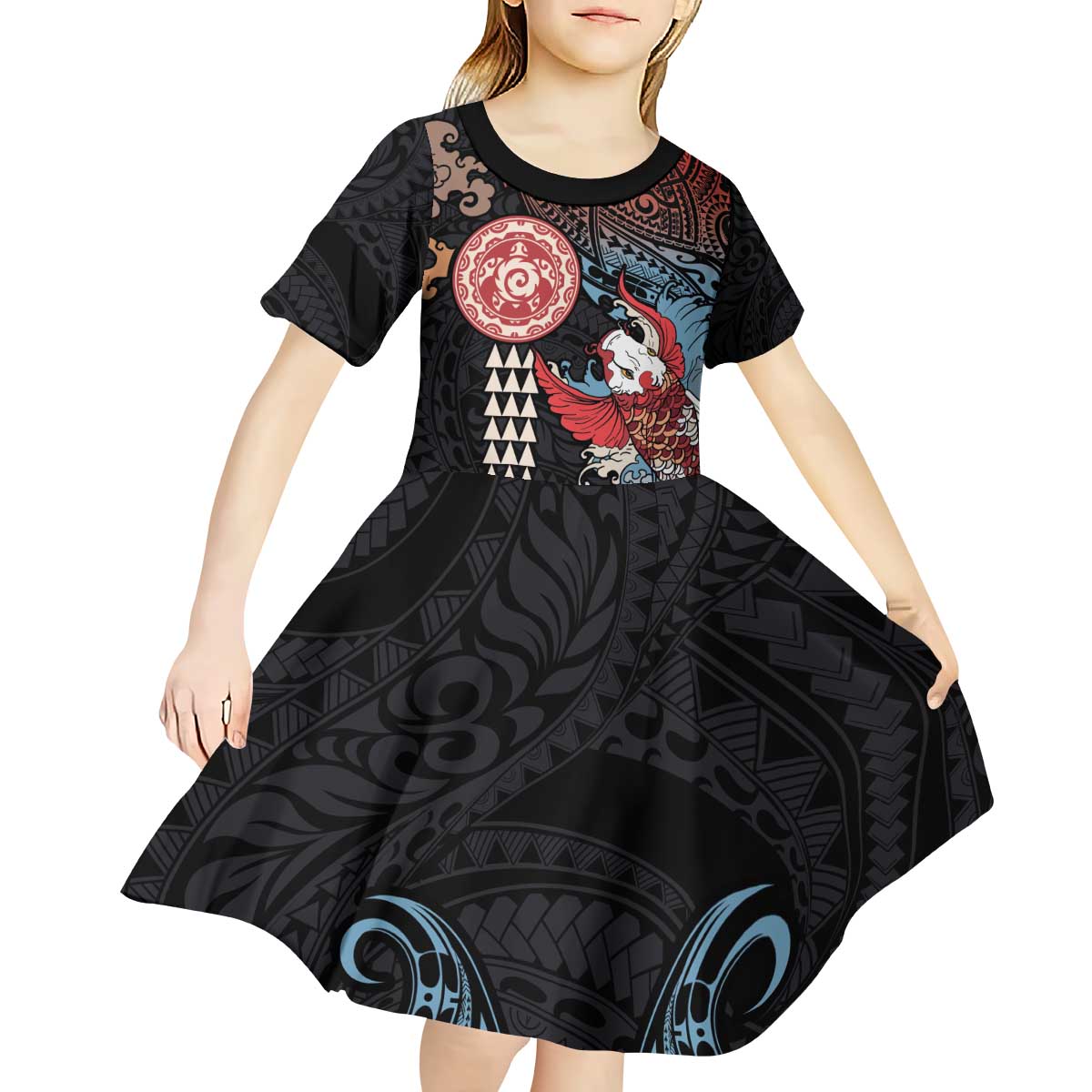 Hawaii and Japanese Together Kid Short Sleeve Dress Koi Fish and Kakau Pattern